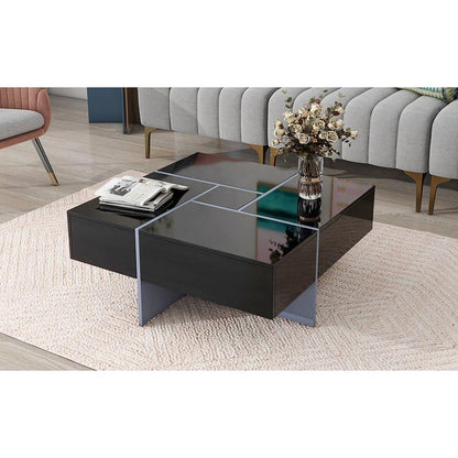 Unique Design Coffee Table with 4 Hidden Storage Compartments, Square Cocktail Table with Extendable Sliding Tabletop, UV High-gloss Design Center Table for Living Room, 31.5"x 31.5"