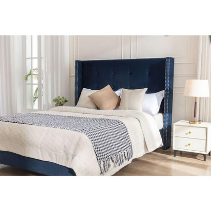 Upholstered King Bed / 54" High Headboard / Traditional Hand Buttoned Tufting / Nailhead Trim Wingback / No Box Spring Needed / Easy Assembly / Blue Velvet