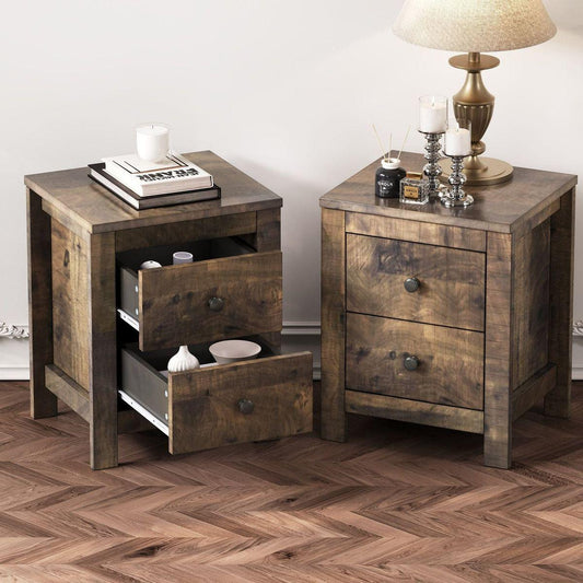 Farmhouse Wooden Nightstand Set of 2 with Retro Design, Wood Side Table with Storage Cabinet for Bedroom, Antique Walnut