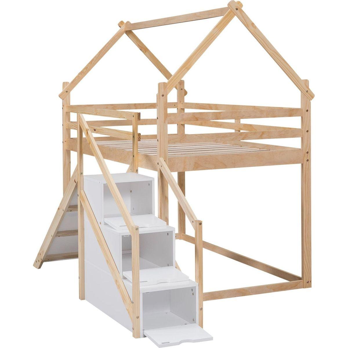 Twin over Twin House Loft or Bunk Bed with Slide and Staircase, Natural