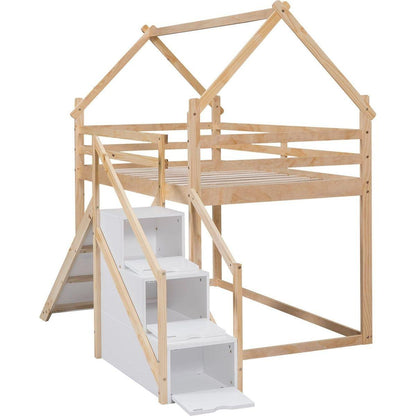 Twin over Twin House Loft or Bunk Bed with Slide and Staircase, Natural