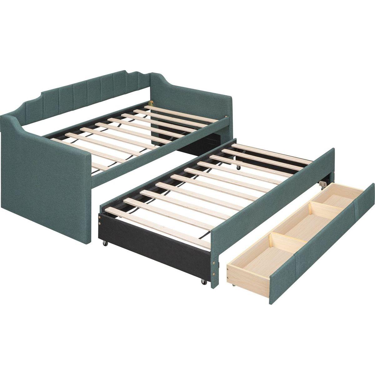 Twin Size Upholstered Daybed with Trundle and Three Drawers,Green