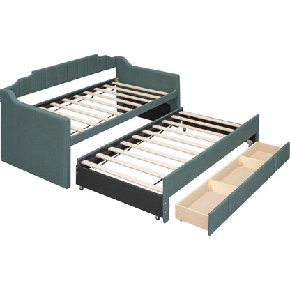 Twin Size Upholstered Daybed with Trundle and Three Drawers,Green