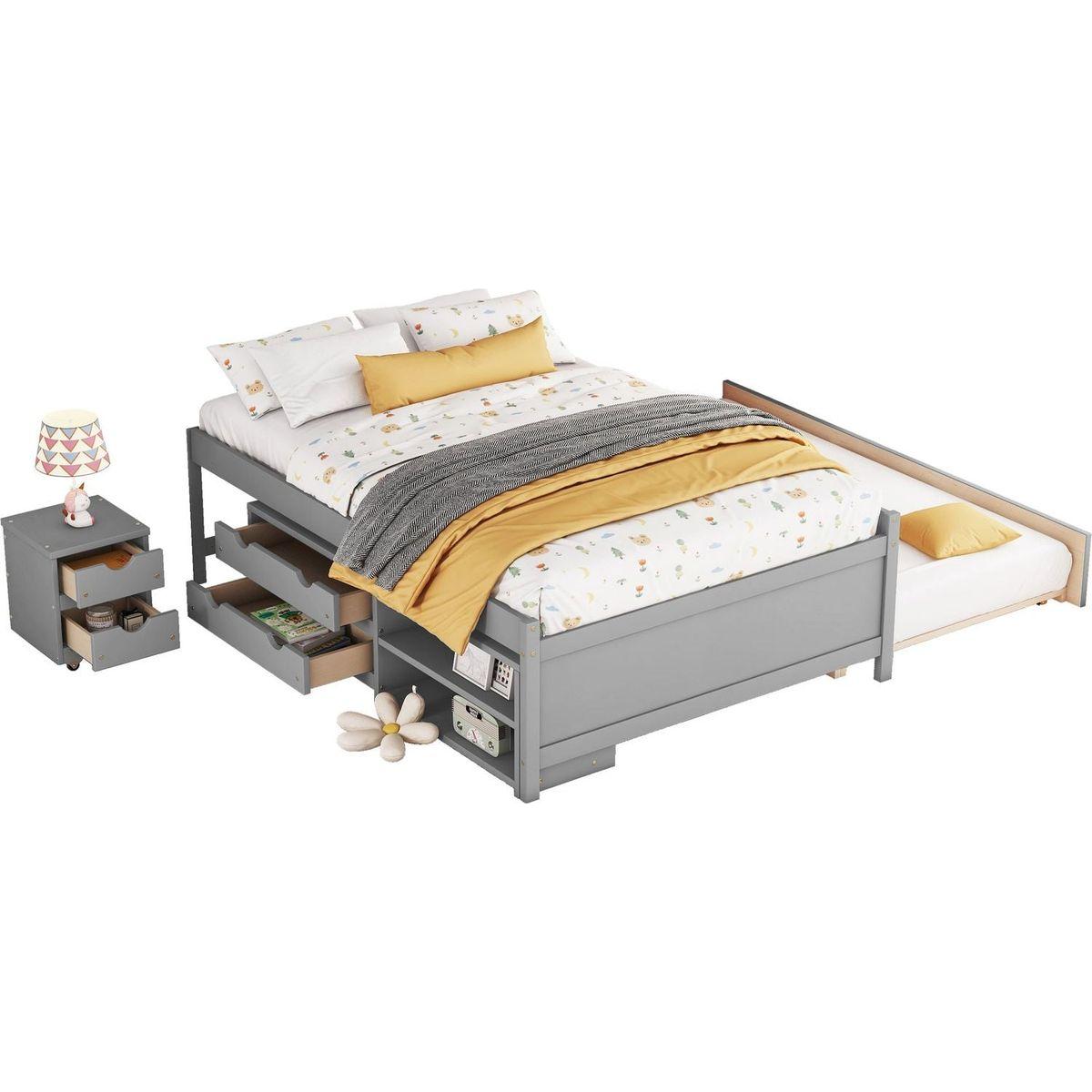 Versatile Full Bed with Trundle,Under bed Storage Box and Nightstand .Grey