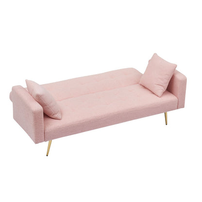 Teddy Fleece Sofa Bed with Throw Pillows and Metal Legs in Pink, 71.7-inch
