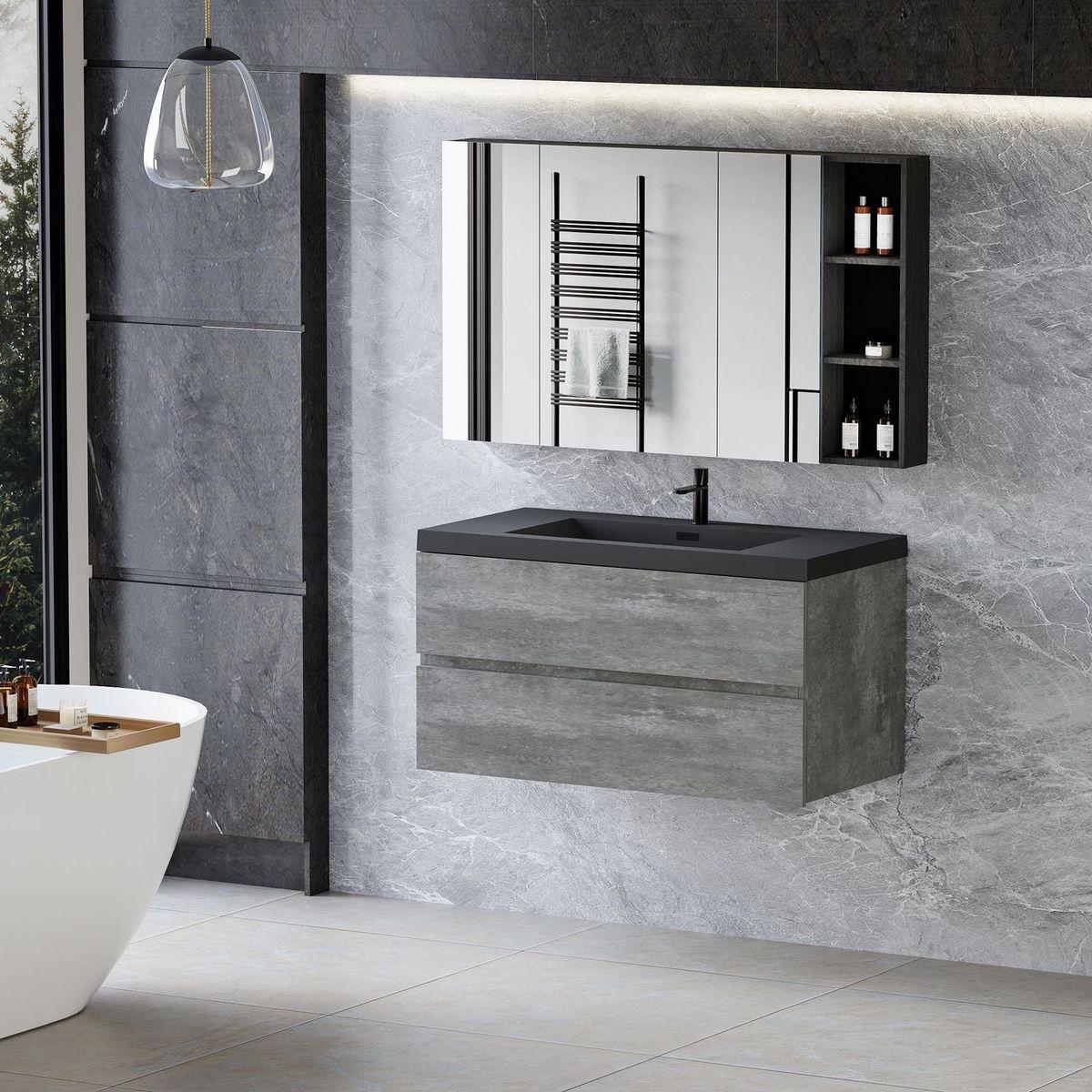 42" Floating Bathroom Vanity with Sink, Modern Wall-Mounted Bathroom Storage Vanity Cabinet with Black Quartz Sand Top Basin and Soft Close Drawers, Grey 24V12-42GR