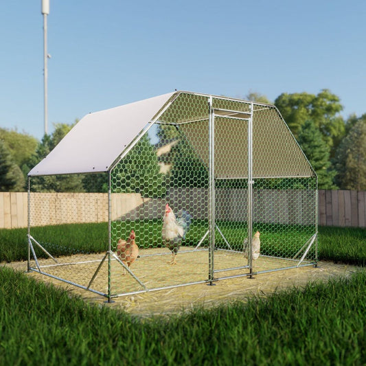 9.94 ft. x 6.46 ft. x 6.36 ft. Metal Large Chicken Coop Walk-in Poultry Cage Run Flat Shaped with Waterproof Cover - Streamdale Furniture