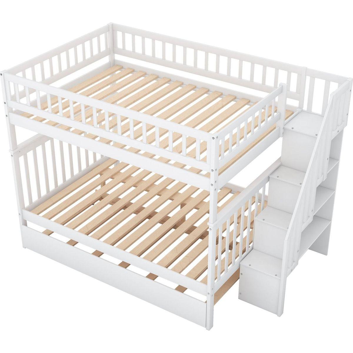 Full over Full Bunk Bed with Trundle and Staircase,White