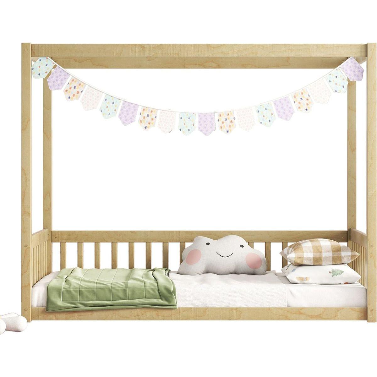 Twin Size Canopy Frame Floor Bed with Fence, Guardrails,Natural