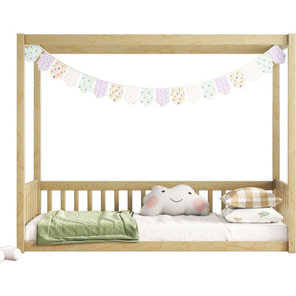 Twin Size Canopy Frame Floor Bed with Fence, Guardrails,Natural