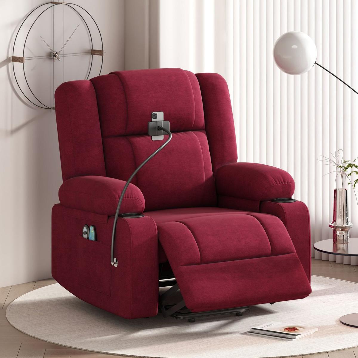 Power Lift Recliner Chair Electric Recliner for Elderly Recliner Chair with Massage and Heating Functions, Remote, Phone Holder Side Pockets and Cup Holders for Living Room, Red