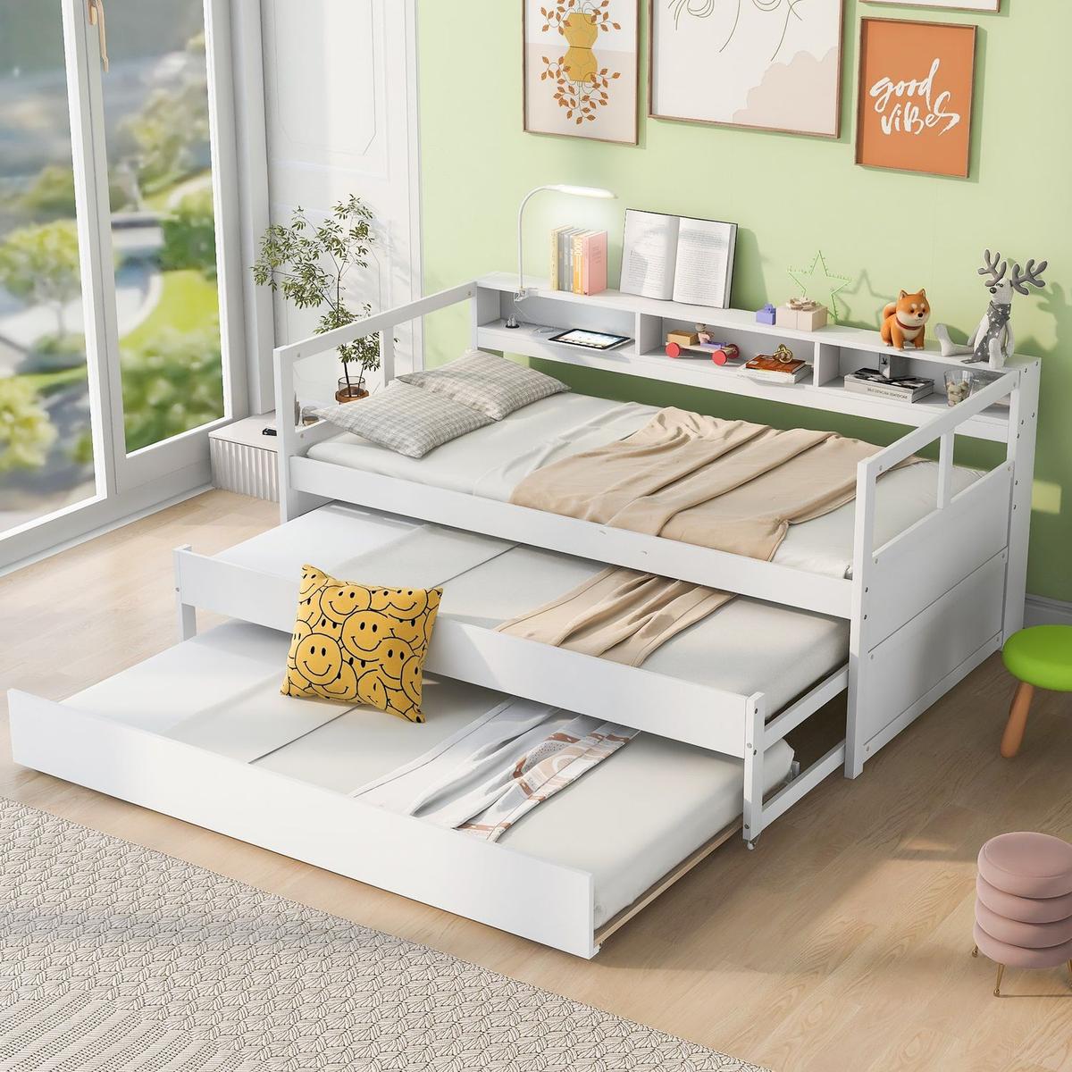 Twin XL Wood Daybed with 2 Trundles, 3 Storage Cubbies, 1 Light for Free and USB Charging Design, White