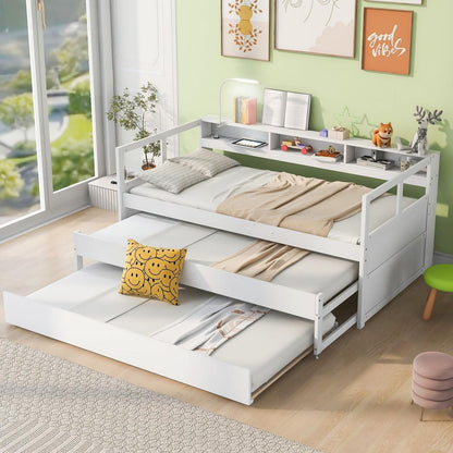 Twin XL Wood Daybed with 2 Trundles, 3 Storage Cubbies, 1 Light for Free and USB Charging Design, White