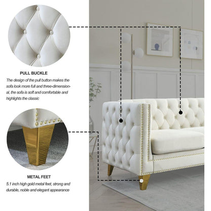 Velvet Sofa for Living Room,Buttons Tufted Square Arm Couch, Modern Couch Upholstered Button and Metal Legs, Sofa Couch for Bedroom, Beige Velvet, 2PCS