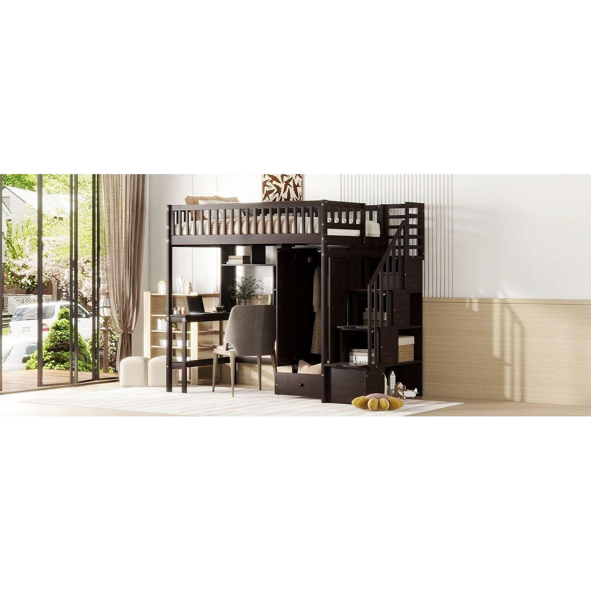 Twin size Loft Bed with Bookshelf,Drawers,Desk,and Wardrobe-Espresso
