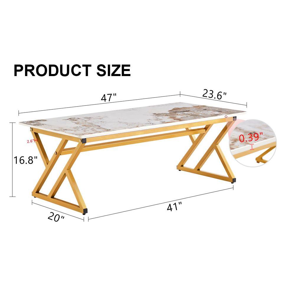 A modern minimalist style marble patterned coffee table with golden metal legs. Computer desk. Game table. Tea table. CT-XX