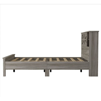 Farmhouse Platform Bed with Double Sliding Barn Door, Full Size Rustic Wood Bed with Charging Station, Wood Slats Support, Antique Gray