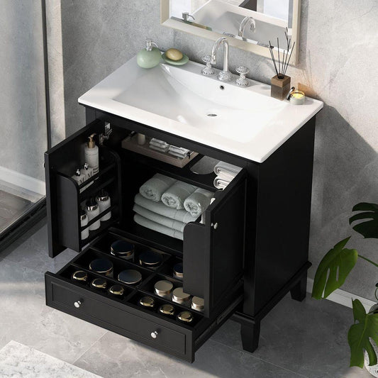 30" Bathroom Vanity with Sink Combo, Multi-functional Bathroom Cabinet with Doors and Drawer, Solid Wood and MDF Board, Black