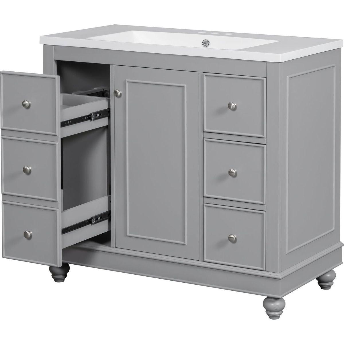 Contemporary Gray Bathroom Vanity Cabinet - 36x18x34 inches, 4 Drawers & 1 Cabinet Door, Multipurpose Storage, Resin Integrated Sink, Adjustable Shelves, Solid Wood Frame with MDF