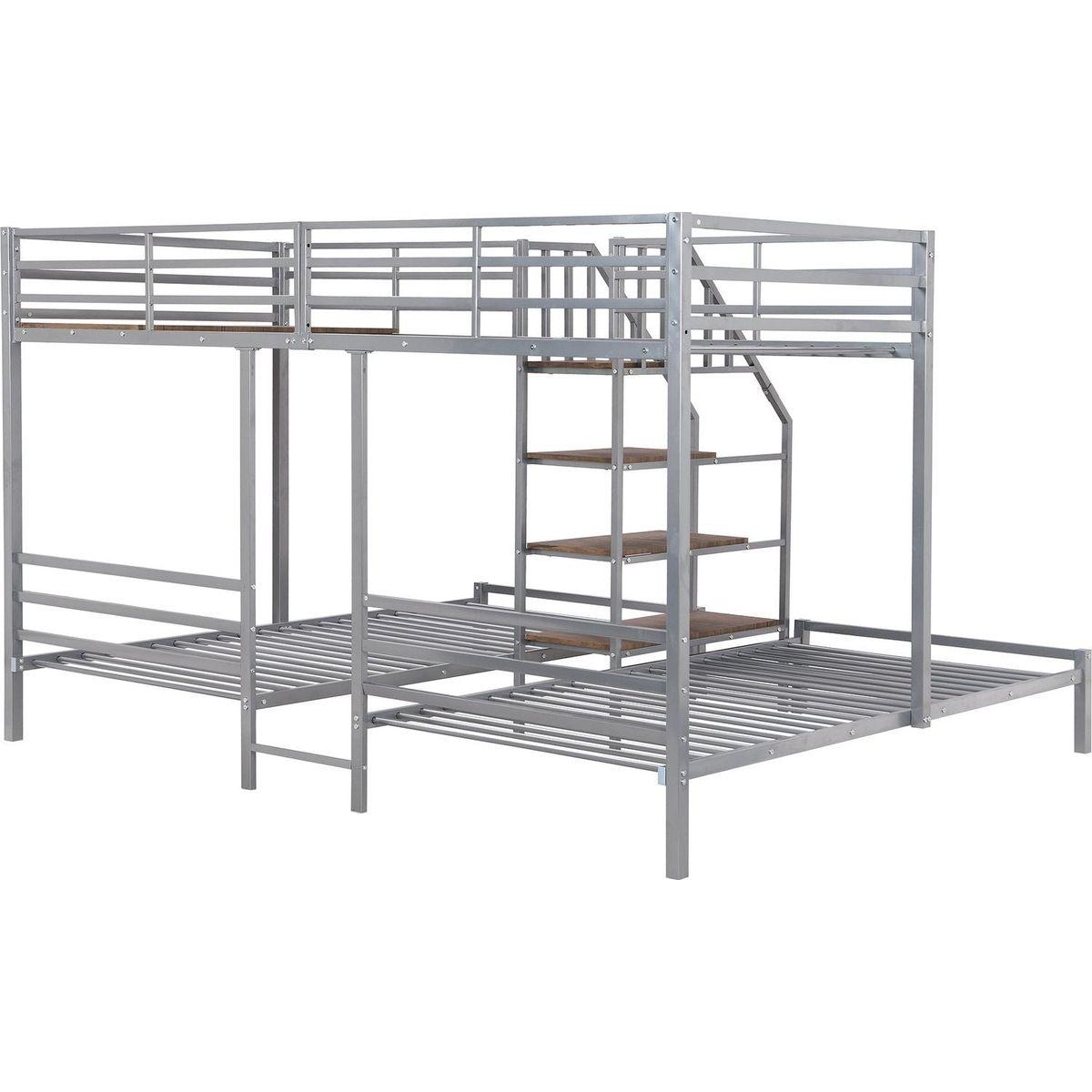 Metal Twin over Twin & Twin Bunk Bed, Triple Bunk Bed with Storage Shelves Staircase, Silver