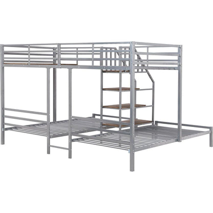 Metal Twin over Twin & Twin Bunk Bed, Triple Bunk Bed with Storage Shelves Staircase, Silver