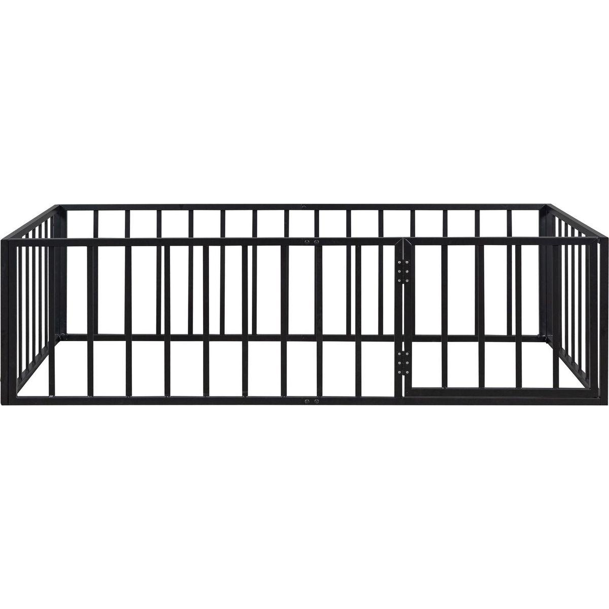 Twin Size Metal Floor Bed Frame with Fence and Door, Black