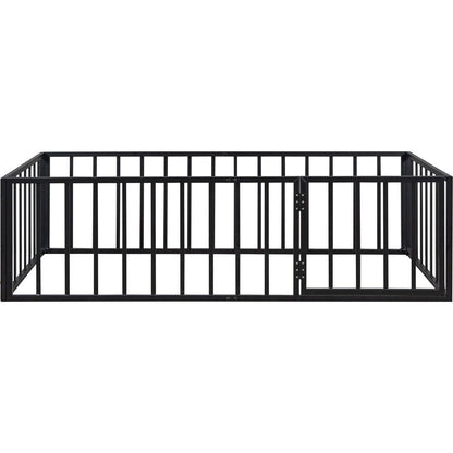 Twin Size Metal Floor Bed Frame with Fence and Door, Black
