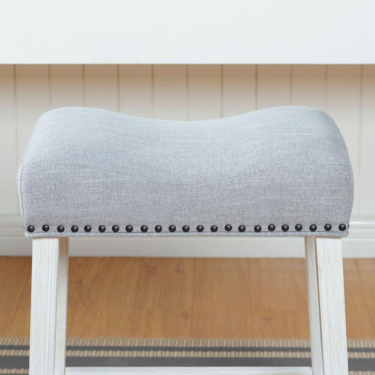 CoCo Upholstered Counter Height Stools - Saddle Seat, White-Washed Finish, Gray Fabric, Set of 2