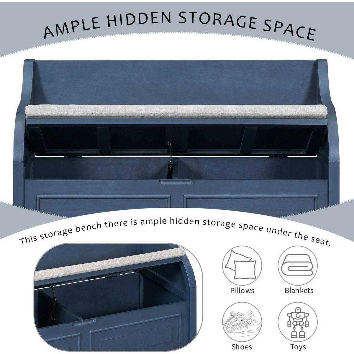 Rustic Style Solid wood Entryway Multifunctional Storage Bench with Safety Hinge (Antique Navy+ Beige)