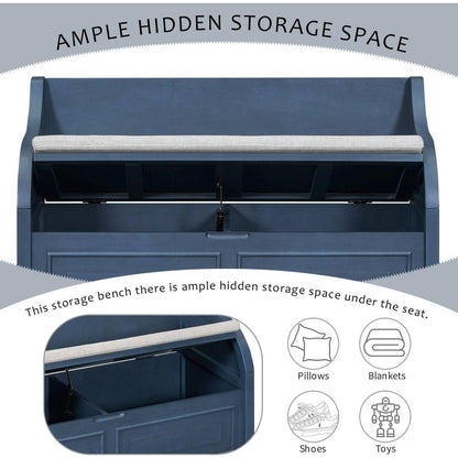 Rustic Style Solid wood Entryway Multifunctional Storage Bench with Safety Hinge (Antique Navy+ Beige)