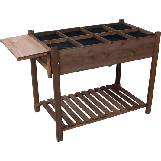 8 Pockets Horticulture Raised Garden Bed Elevated Wood Planter Box Stand with Foldable Side Table and Storage Shelf for Herb/Vegetables/Flowers, dark brown color
