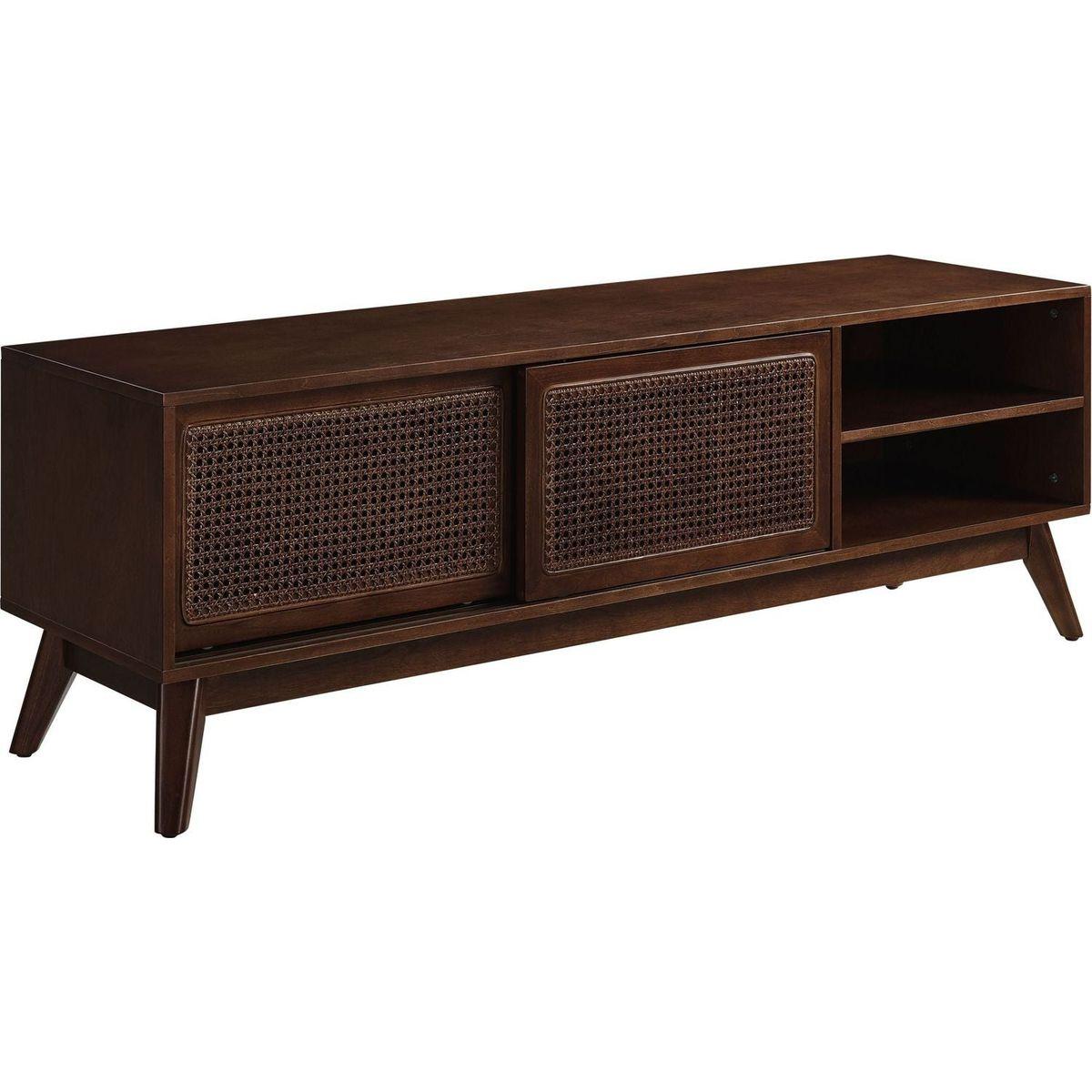 59 Inch Mid Century Modern Rattan TV Stand for 65 Inch TV, Entertainment Cabinet, Media Console for Living Room Bedroom Media Room, Solid Wood Feet & Rattan Cabinet Doors - Dark Wood