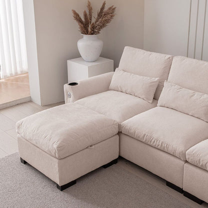 114.5"Modern Modular L Shaped Chenille Sofa Couch Reversible Ottoman With Storage Removable and Washable Cushions Sofa With USB Ports & Cup Holder For Living Room