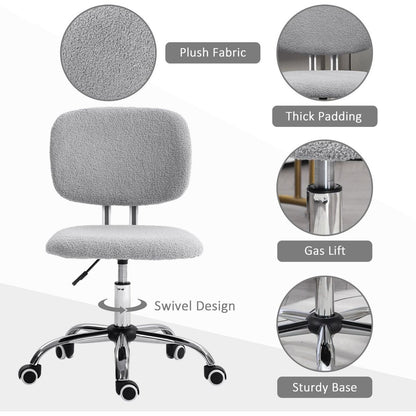 Vinsetto Cute Armless Office Chair, Teddy Fleece Fabric Computer Desk Chair, Vanity Task Chair with Adjustable Height, Swivel Wheels, Mid Back, Light Gray