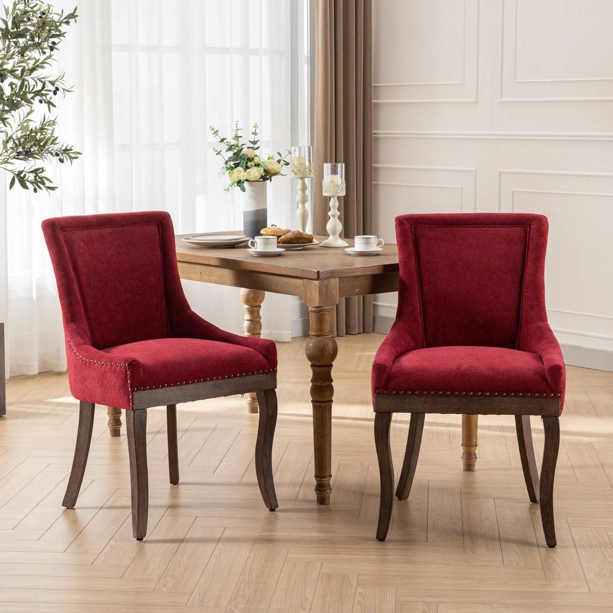 Ultra Side Dining Chair,Thickened fabric chairs with neutrally toned solid wood legs,Bronze nail head,Set of 2,Wine Red,Burgundy