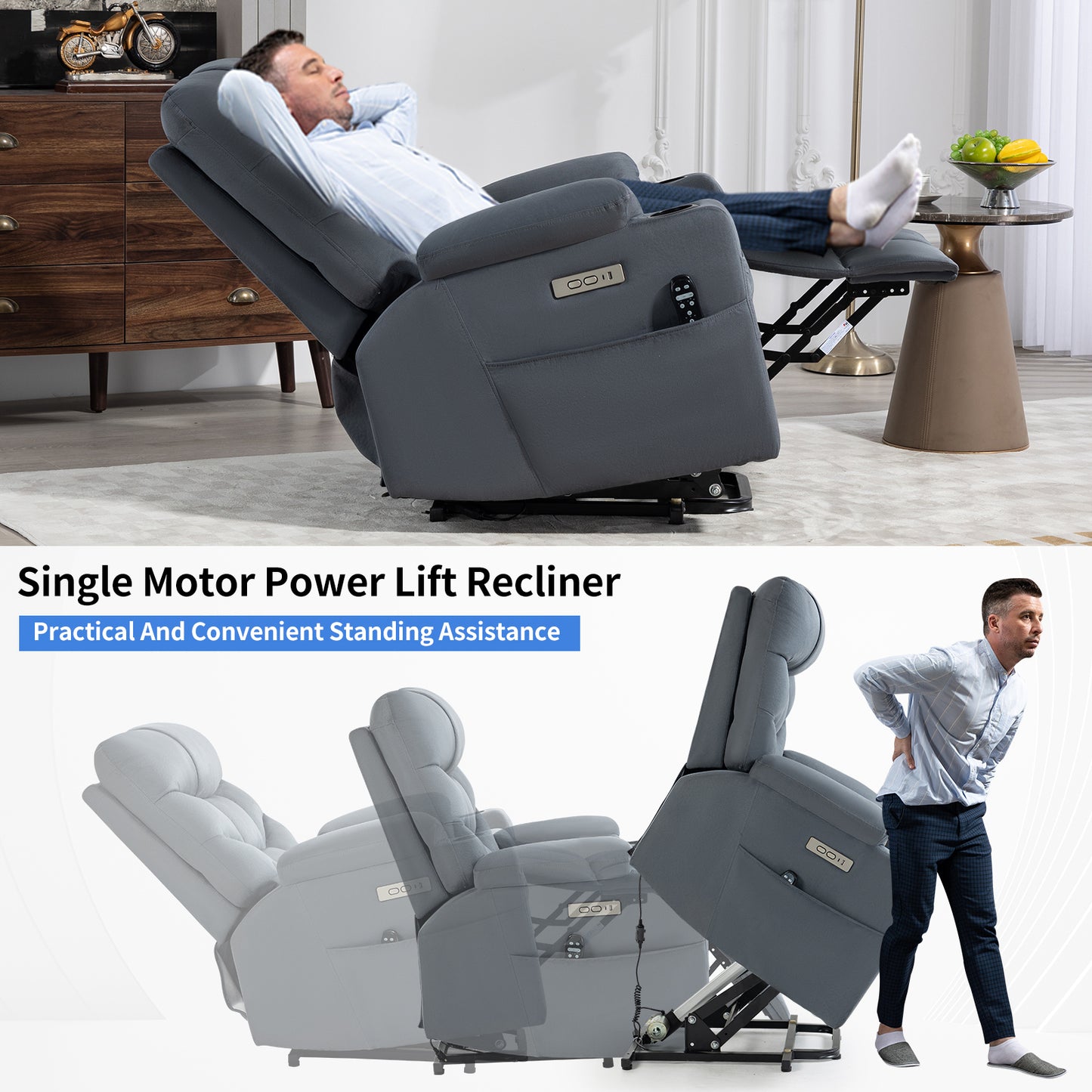 Okin Motor Up to 350 LBS Power Lift Recliner Chair, Heavy Duty Motion Mechanism with 8-Point Vibration Massage and Lumbar Heating, Cup Holders, USB and Type-C Ports, Removable Cushions, Blue