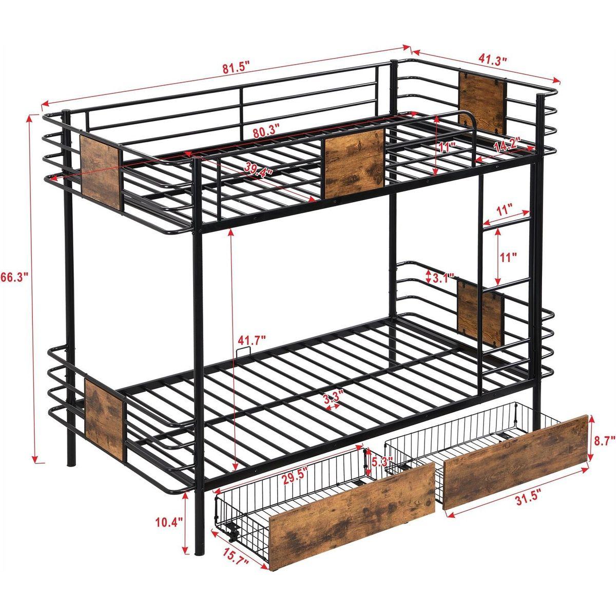 Twin XL over Twin XL Metal Bunk Bed with MDF Board Guardrail and Two Storage Drawers,Black