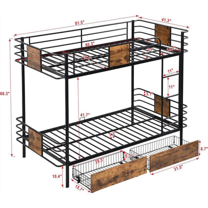 Twin XL over Twin XL Metal Bunk Bed with MDF Board Guardrail and Two Storage Drawers,Black