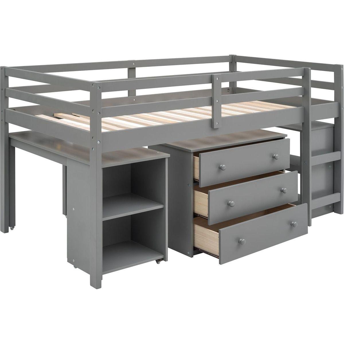 Low Study Twin Loft Bed with Cabinet and Rolling Portable Desk - Gray