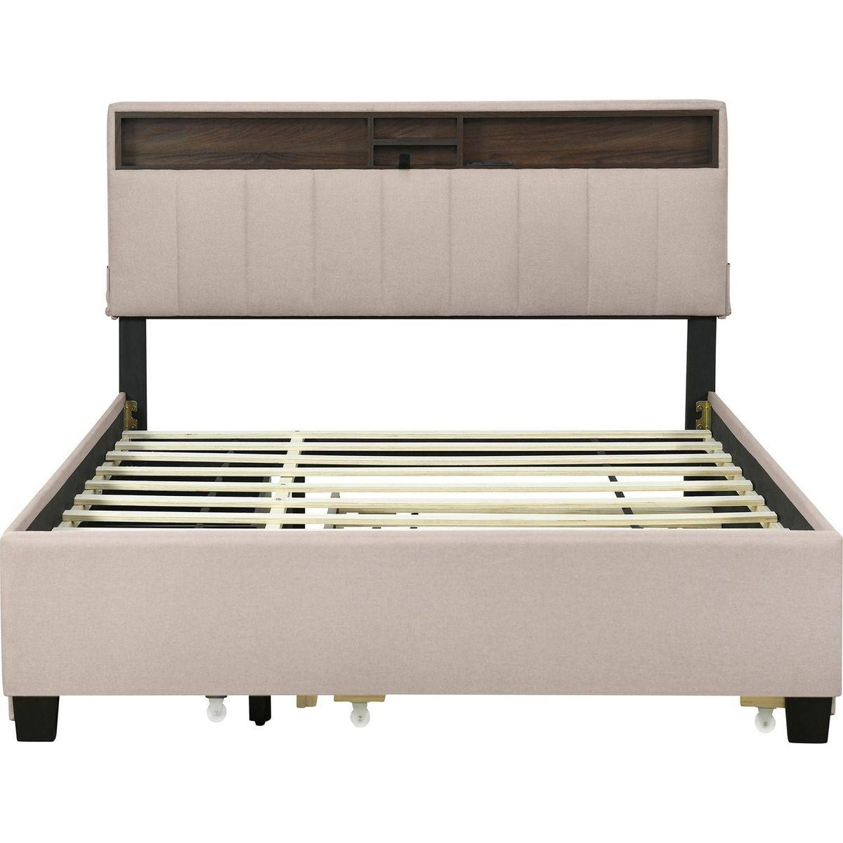 Queen size Upholstered Platform Bed with Storage Headboard, Twin XL Size Trundle & 2 drawers and a set of Sockets & USB Ports, Linen Fabric, Beige