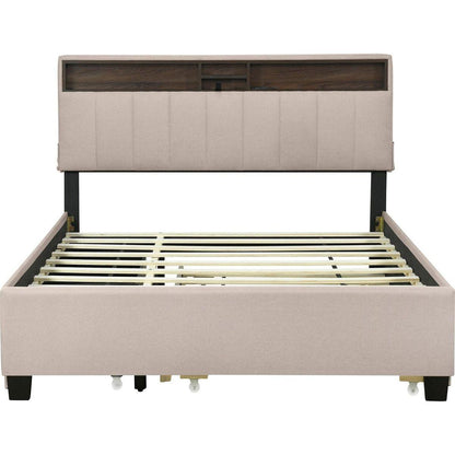 Queen size Upholstered Platform Bed with Storage Headboard, Twin XL Size Trundle & 2 drawers and a set of Sockets & USB Ports, Linen Fabric, Beige