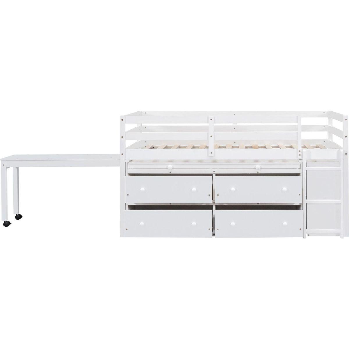 Twin Size Loft Bed with Retractable Writing Desk and 4 Drawers, Wooden Loft Bed with Lateral Portable Desk and Shelves, White