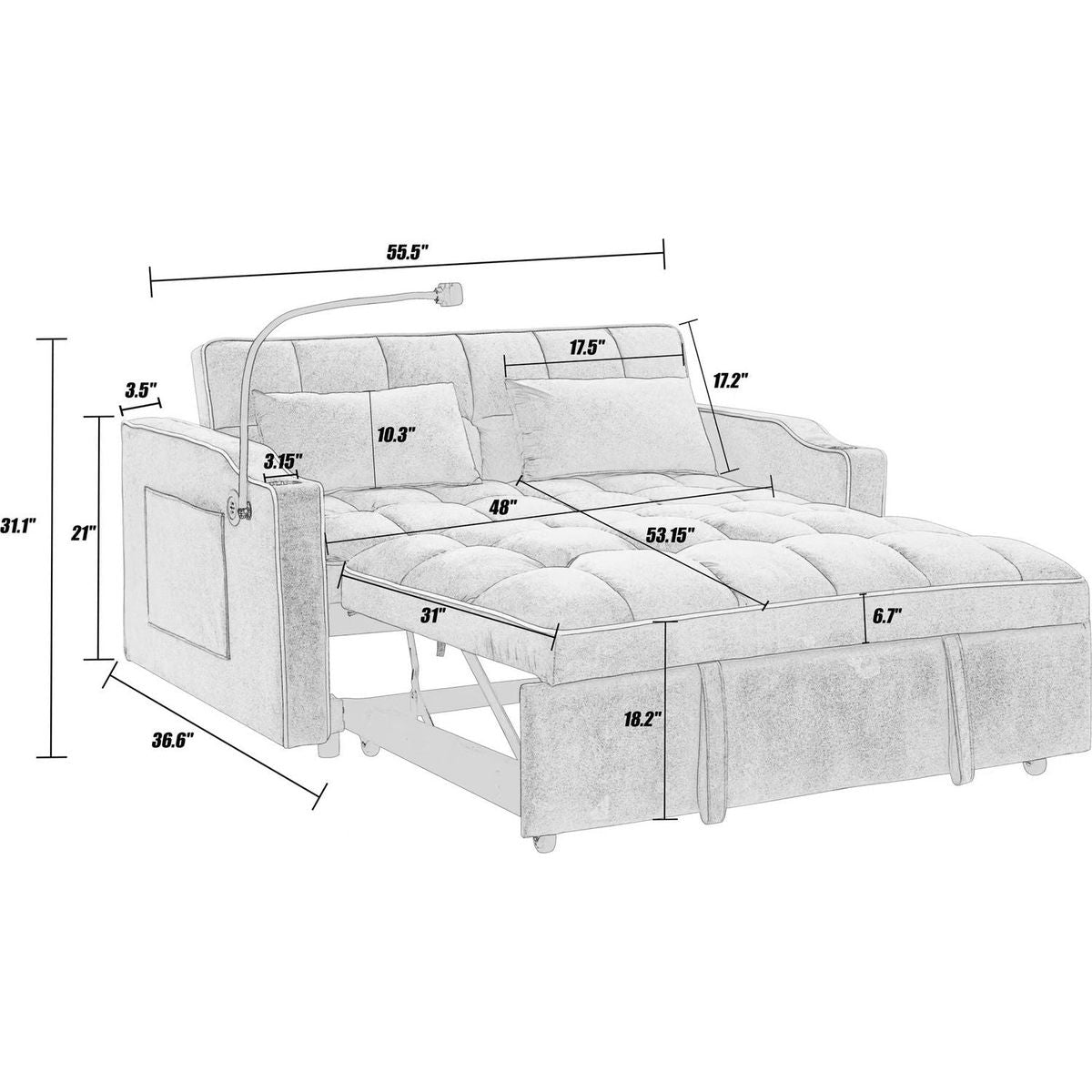 55.51 inch versatile foldable sofa bed in 3 lengths, modern sofa sofa sofa velvet pull-out bed, adjustable back and with USB port and ashtray and swivel phone stand (Grey)