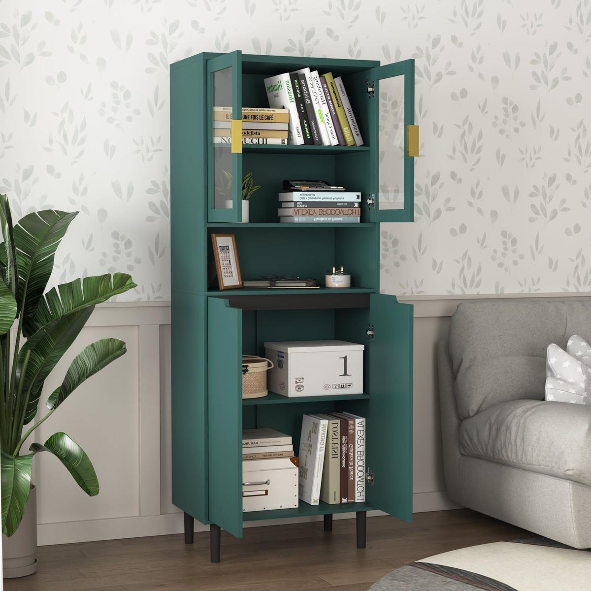 Tall Storage Show Cabinet with 2 Glass Display Door & 2 Doors, Tall Kitchen Pantry Cabinet with Gold Handles, Modern Cabinet Freestanding for Bathroom, Dining Living Room, Green