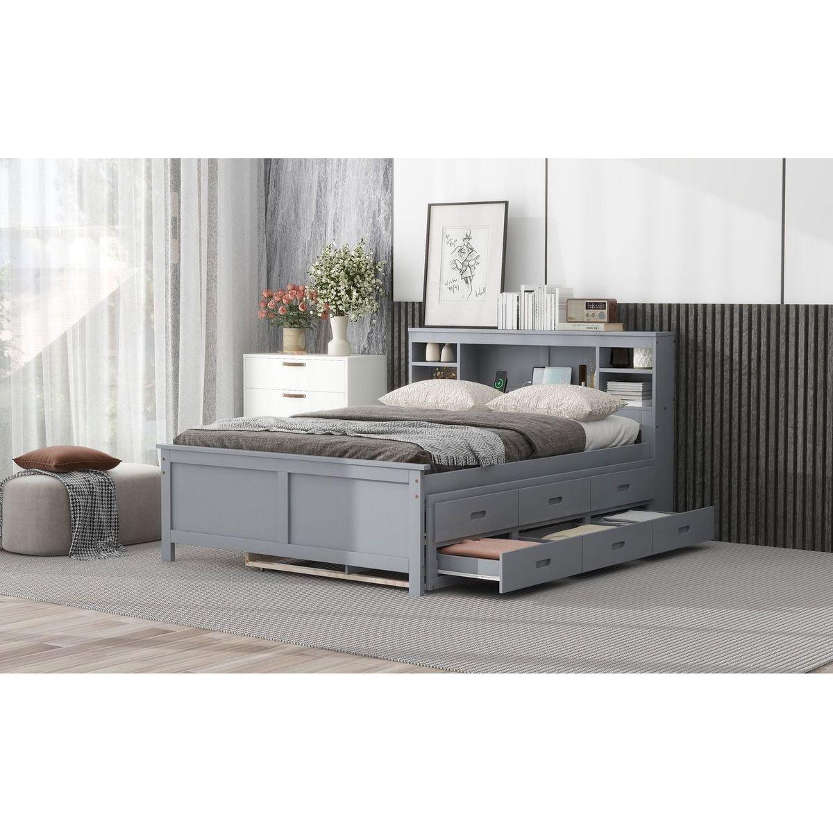 Full Size Platform Bed with Storage Headboard, USB, Twin Size Trundle and 3 Drawers, Gray