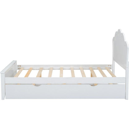 Full Size Wood Platform Bed with Headboard and Twin Size Trundle, White - Streamdale Furniture