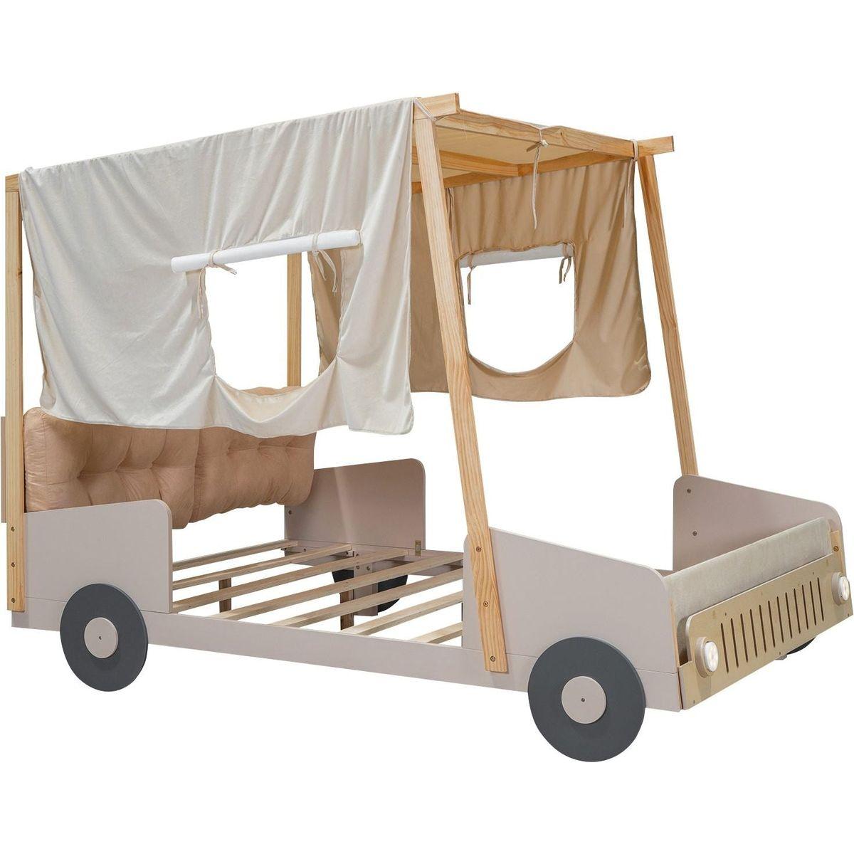 Wood Full Size Car Bed with Pillow, Ceiling Cloth and LED, Natural