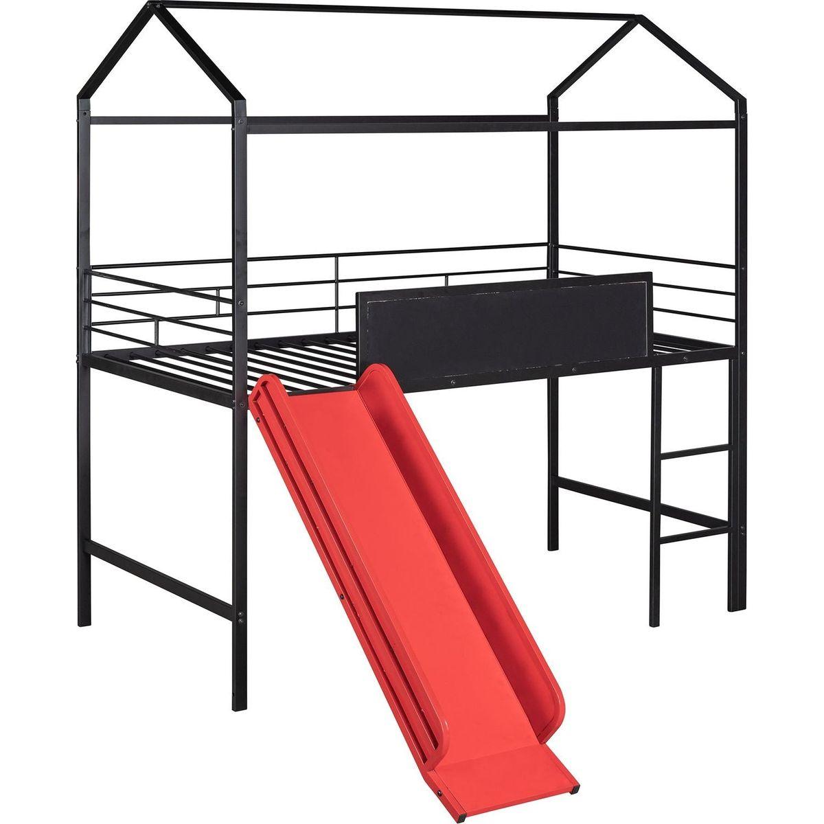 Metal House Bed With Slide, Twin Size Metal Loft Bed with Two-sided writable Wooden Board (Black and Red)
