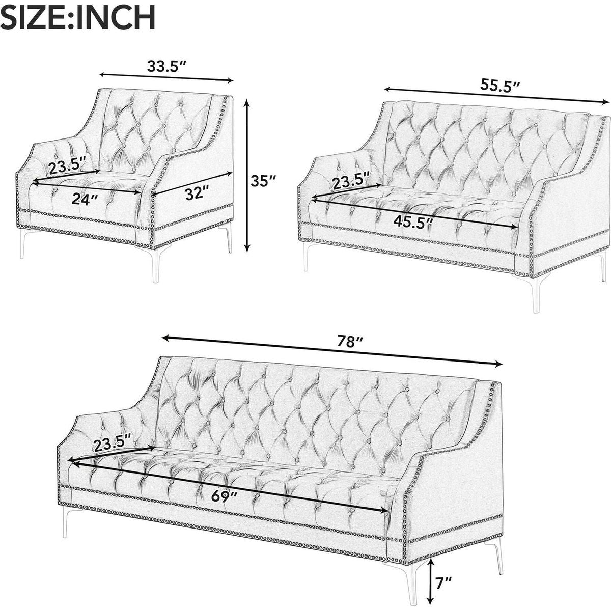 Modern three-piece sofa set with metal legs, buttoned tufted backrest, frosted velvet upholstered sofa set including three-seater sofa, double seater and living room furniture set Single chair