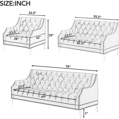 Modern three-piece sofa set with metal legs, buttoned tufted backrest, frosted velvet upholstered sofa set including three-seater sofa, double seater and living room furniture set Single chair